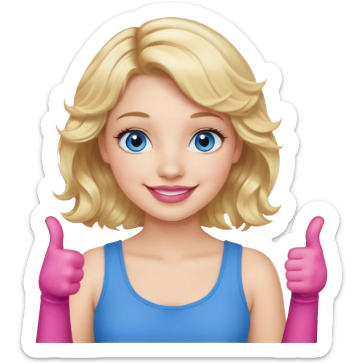 Girl Blonde short wavy hair,  blue eyes, cute blue top, long lashes, pink lips, smiling, thumbs up sticker