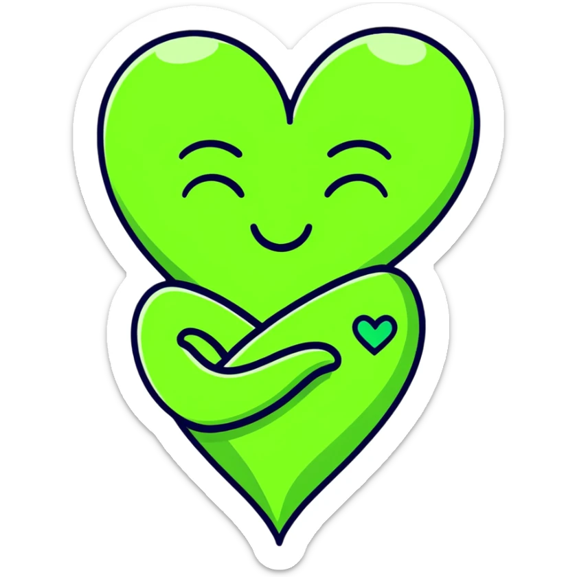 green face emoticon with closed eyes hugging a green heart, expressing care and support sticker