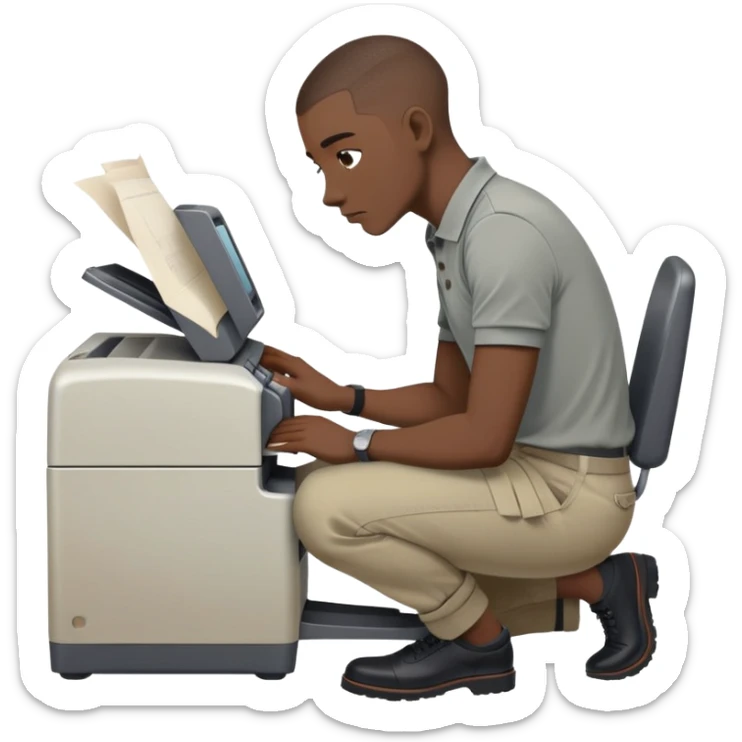 Gender: Male Hair: Buzzcut with faded sides, black Face: Furrowed brows, downturned lips Clothes: Rolled-sleeve polo shirt, chinos Action: Kneeling by jammed printer with paper scraps sticker