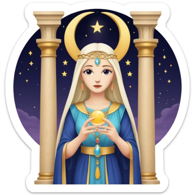 The High Priestess tarot card emoji inspired by Rider Waite Smith deck, serene woman between two pillars, crescent moon, concise and vibrant sticker