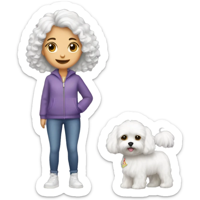 Maltese dog with owner of curly hair girl mid length and fair skin  sticker