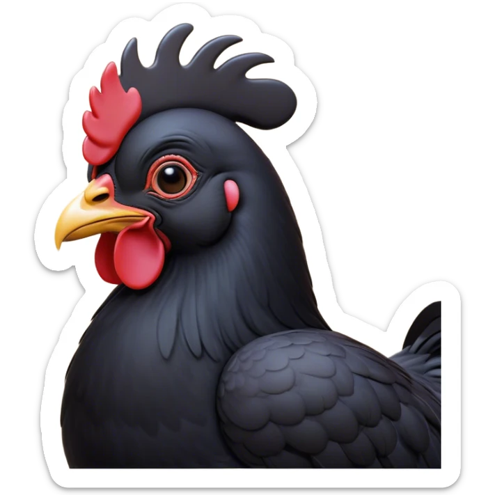 Cinematic Noble Black Chicken Portrait Emoji, Poised and regal, with a compact, sturdy build and a glossy, well-groomed pure black plumage, deep-set soulful beady eyes, Simplified yet sharp and sophisticated features, highly detailed, glowing with a soft, dignified glow, high shine, intelligent and alert, stylized with an air of mysterious elegance, focused and attentive, soft glowing outline, capturing the essence of a watchful and confident fowl, so majestic it feels as though it could strut out of the screen with effortless authority! sticker