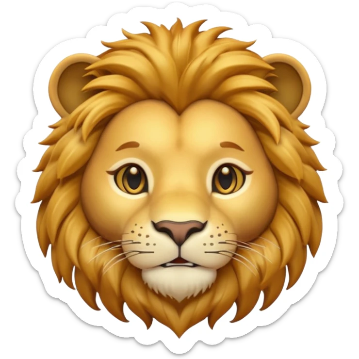 A 3D cartoon lion face close-up with fine whiskers and golden fur detail, soft natural light, strong majestic look, Memoji-style realism. sticker