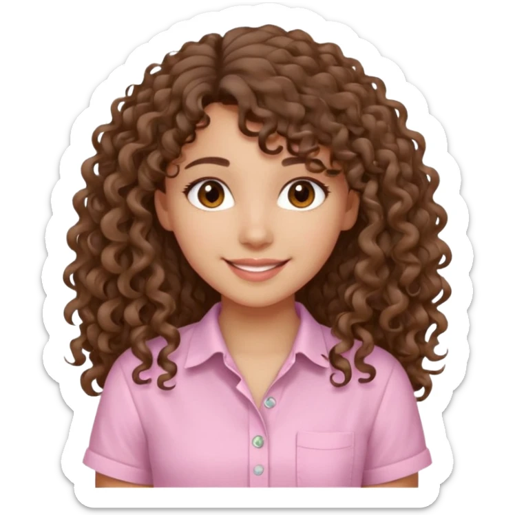 A Latina girl with brown eyes and long loose curly hair with curly bangs with a light pink shirt sticker