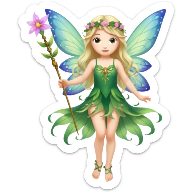 A flower fairy girl, with wings all over her body, one leg straight and the other bent, one hand raised holding a magic wand, the other hand lowered. sticker