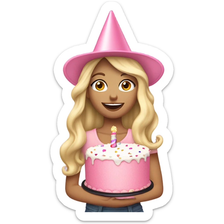 White woman, long hair, blonde hair, wavy hair, baby pink party cone hat, holding birthday cake sticker