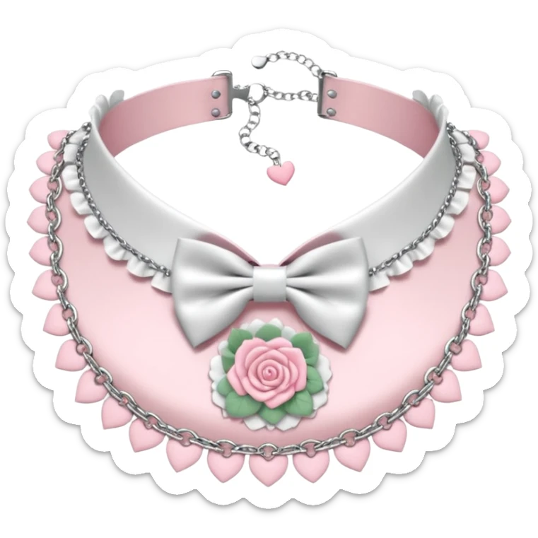 Pastel-baby-rose-pink Lolita-styled aesthetic cute kawaii choker-collar-necklace adorned with with white frills, roses, hearts, bow tie, silver chains, sakura flowers, apparel  sticker