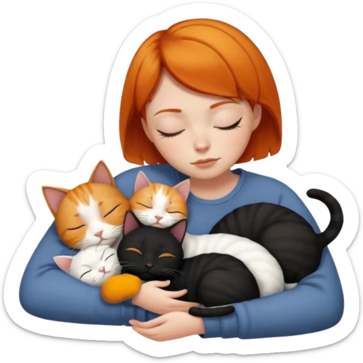 Ginger Girl short hair sleeping with two cats a black and a whole white bigger cat  sticker
