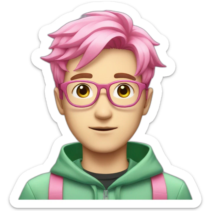 anime pink haired guy with green lenses glasses and pink antennas with sea-green uniform sticker
