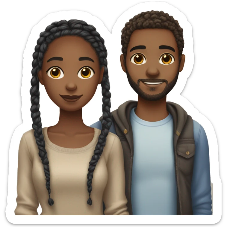 Realistic black girl with box braids and light skin boy with short curly hair and a short beard hugging sticker