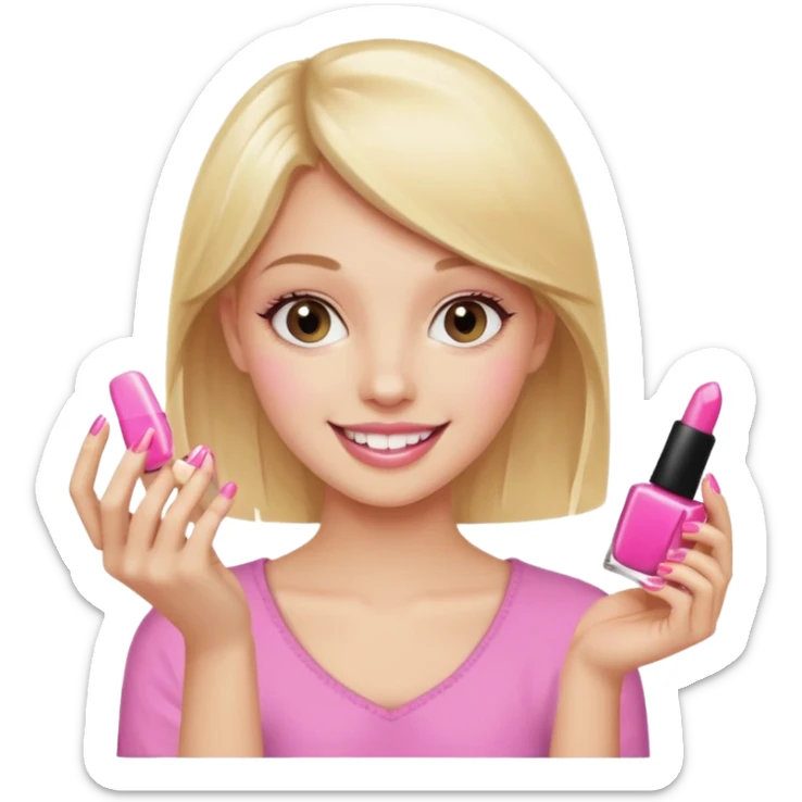 A happy blonde girl in pink holds nail polishes in her hand sticker