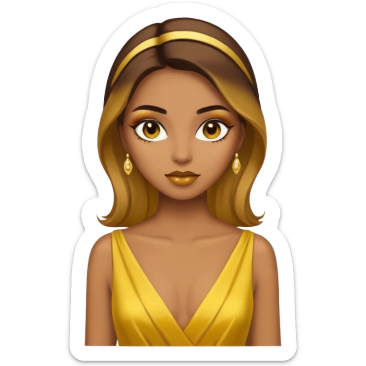 Woman using a long elegant yellow dress. She has medium skin tone and a brown with gold makeup sticker