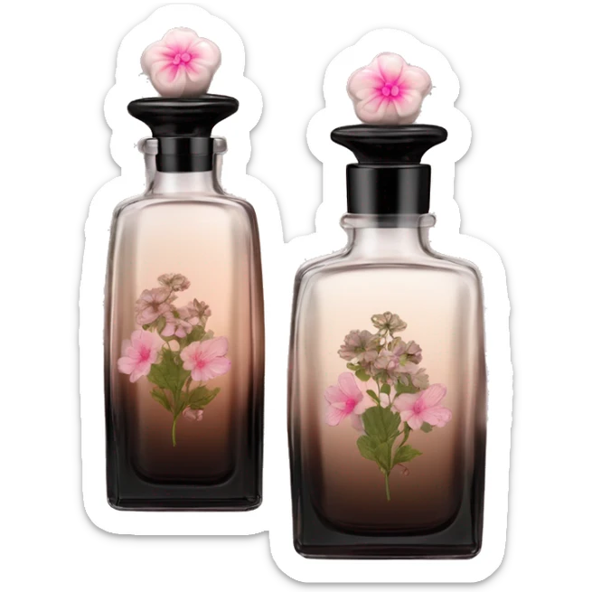 Two English vintage glass perfume bottles from my aristocratic grandmother, exquisite bottle shape, old and shabby, with label, stylish and minimalistic, black and brown with pink gradient, with little herbal and flowers  sticker