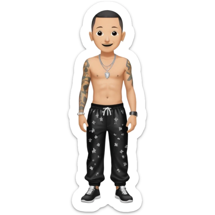 Chester Bennington with black sequin baggy pants, shirtless with necklace sticker
