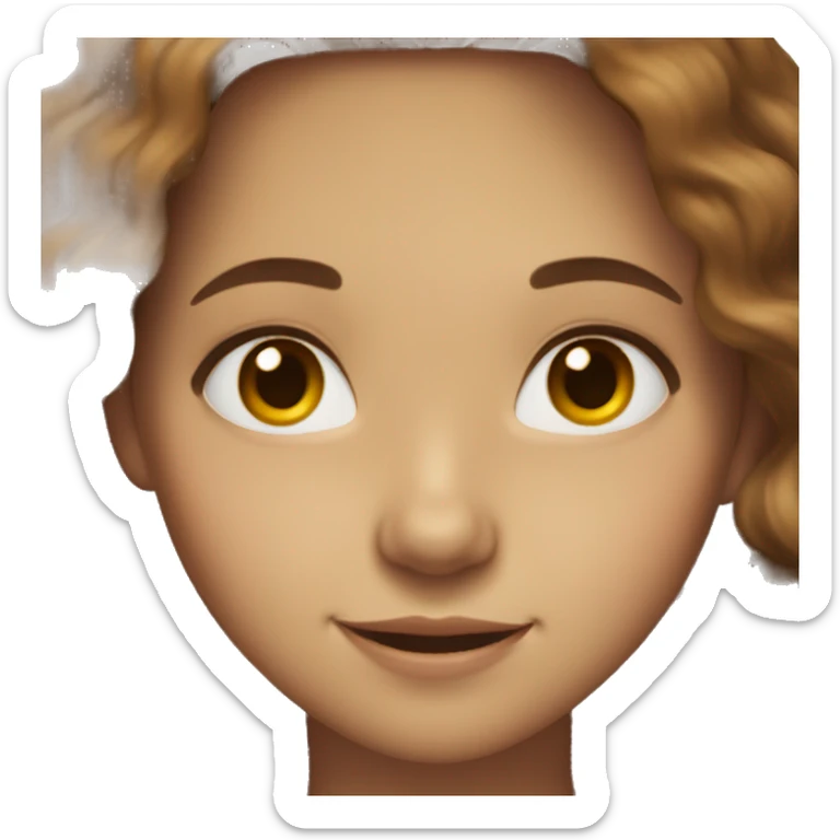 Girl with long wavy brown hair, brown eyes, red cheeks and smile sticker
