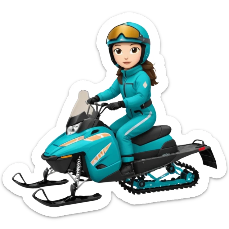 Can you create an emoji of a brunette girl on a teal polaris khaos 850 155 snowmobile action shot, no seat on the back sticker
