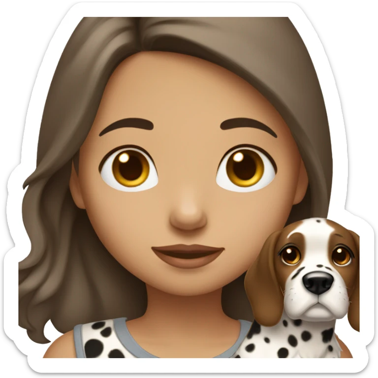 A brown with medium to long hair girl closes her eyes and holds a Dalmatian dog sticker