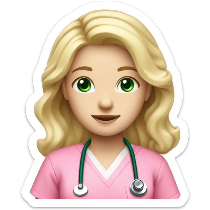 pale blonde girl with long wavy hair and green eyes wearing pink scrubs and stethoscope  sticker