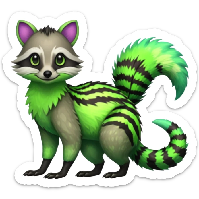Iridescent Neon Green Civet-Numbat-Sergal-fusion-hybrid-animal-creature, full body sticker