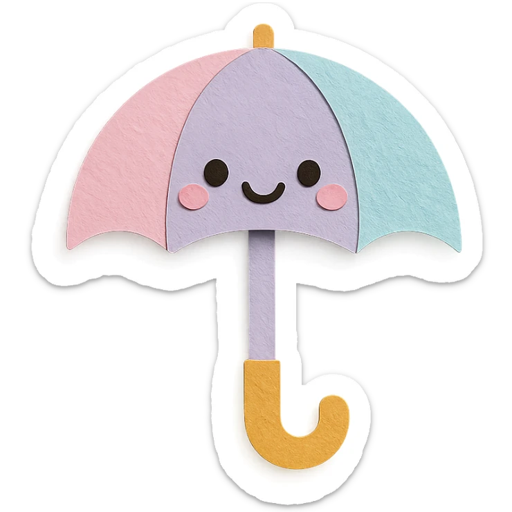 adorable pastel rainbow umbrella, happy face, no arms or legs, full body, kawaii paper craft style sticker