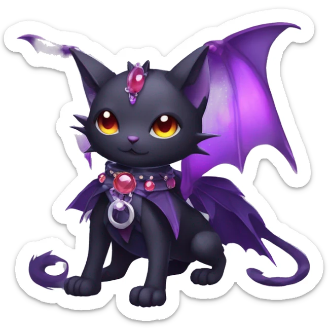 cool kawaii black purple red ethereal fantasy beautiful elegant nargacuga-bat-cat-Fakemon wearing legs spats a collar harness with jewelries full body sticker