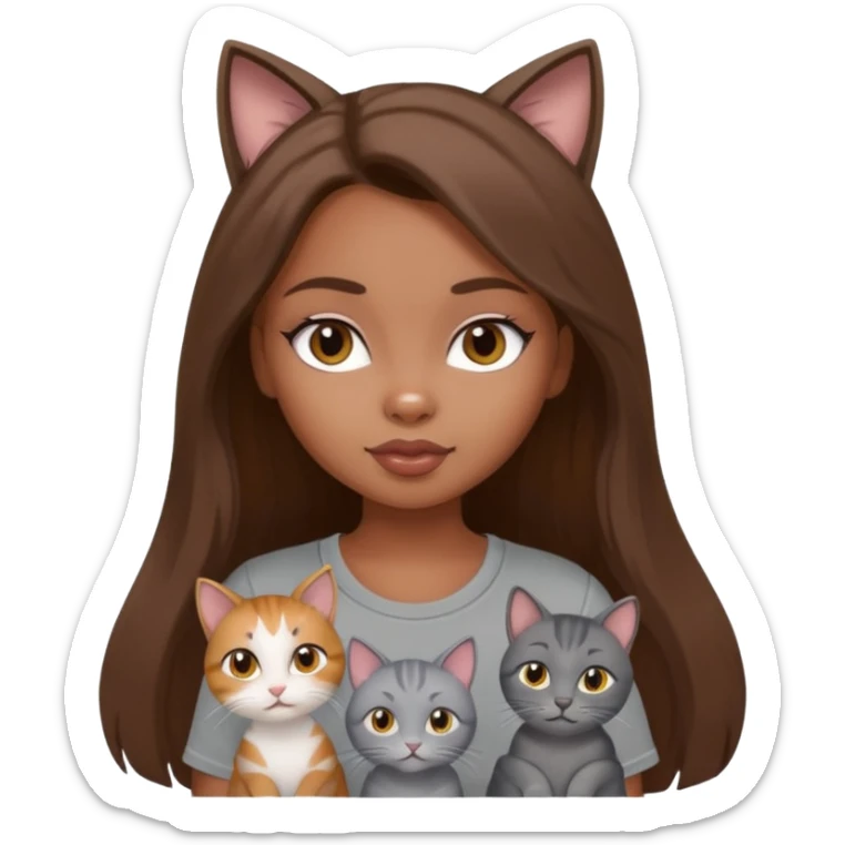 a pretty bratz dusky girl with long brown hair with four cats nd wearing a grey tshirt sticker