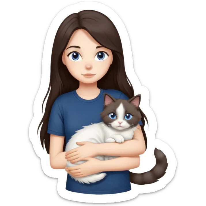 a girl with long dark brown hair, grey eyes, in a navy blue tshirt is hugging a ragdoll cat sticker