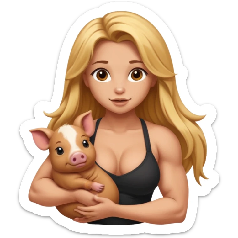 muscled sexy girl, horny, big butt, holding cute brown minipig, long golden hair sticker