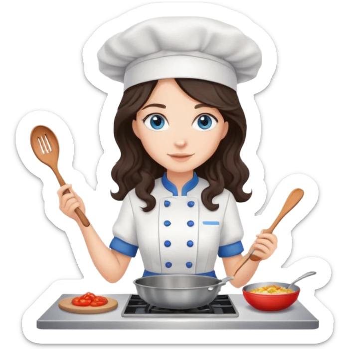 A girl with long, dark brown, wavy hair, grey-blue eyes. He cooks in the clothes of a cook sticker