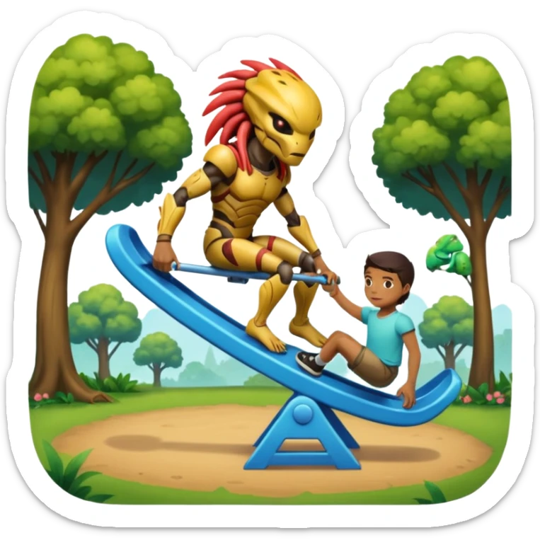 The Predator, in a dream like park, pushing unwilling the alien in a seesaw. sticker