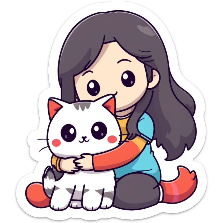 Girl with straight black long hair hugging a colorpoint ragdoll plush toy and a tricolor long-haired cat sticker