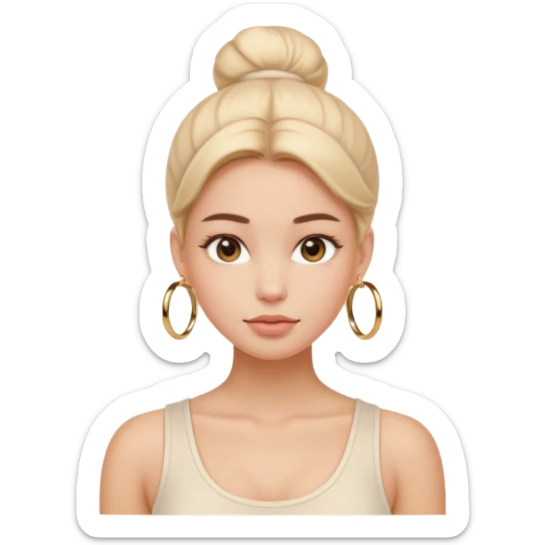 “Emoji girl, flawless skin, light peach blush, natural fluffy brows, glossy nude lips, sleek low bun, small gold hoops, minimalist white tank top.” sticker