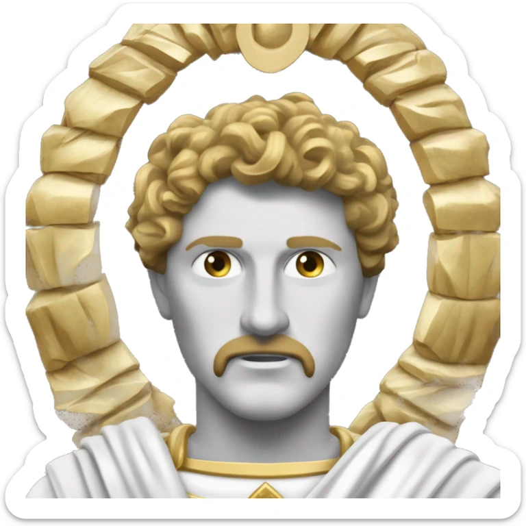Um imperador romano usando uma coroa de louros dourada, com toga púrpura e branca, sentado em um trono de mármore. Seu rosto está inclinado para baixo, uma lágrima escorre pelo rosto sticker