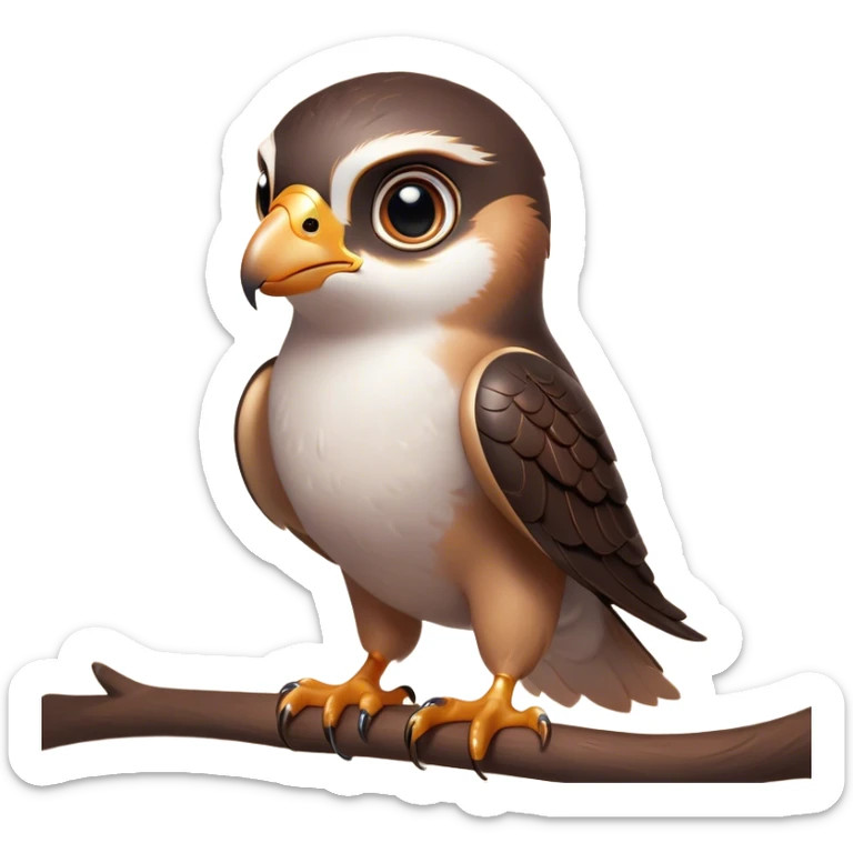 Cinematic Cute Falcon Portrait Emoji, Head tilted playfully and inquisitively, featuring a sleek, agile form with a delicately curved beak and round, sparkling eyes full of spirited charm, Simplified yet irresistibly adorable features, highly detailed, glowing with a warm, inviting glow, high shine, affectionate and lively, stylized with a touch of whimsical aerial grace, soft glowing outline, capturing the essence of a mischievous yet endearing falcon that seems as if it could dart out of the screen into your heart! sticker