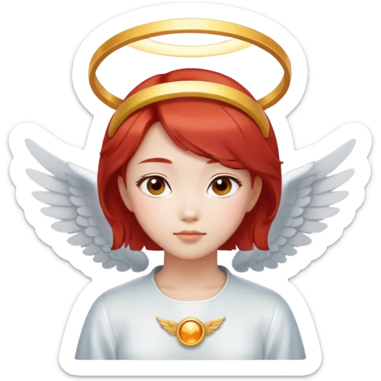 Asian angel girl with short red hair, oval face, and halo sticker