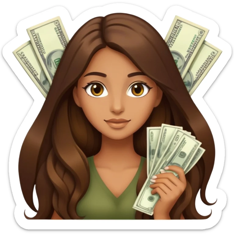 beautiful rich tanned girl with long brown hair holding lots of money sticker