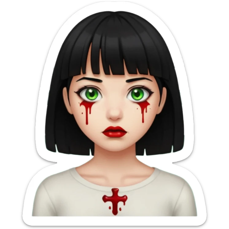 Guria com cabelo preto franjinha sangrando olhos verdes  fundo preto e um piercing bridgepiercing sticker