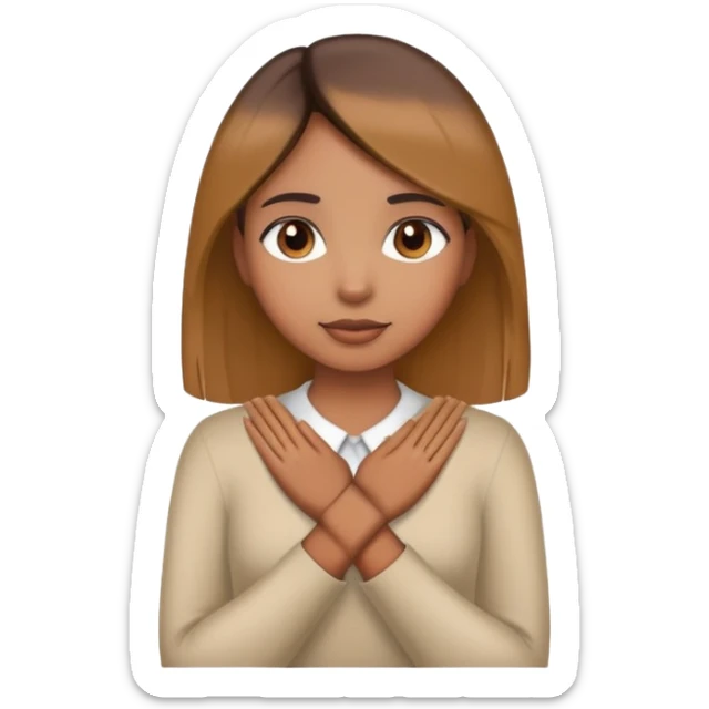 A brown girl with straight hair holding hands around her neck sticker