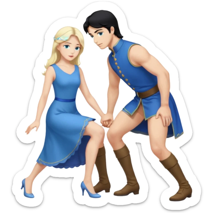 prince, upright, black Hair, blue eyes, blue garment,  Woman, blonde Hair, Green eyes, bending knee, sleveless, white Dress, sticker