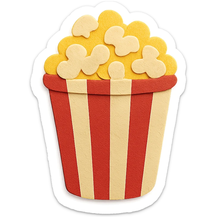 red and white striped movie theater popcorn bucket with buttered popcorn sticker
