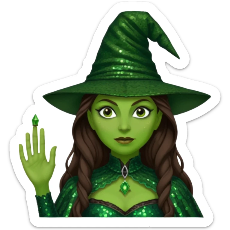 Elphaba, Wicked Witch of the West from The Wizard of Oz with long brown hair, dark green sequin outfit, green skin sticker