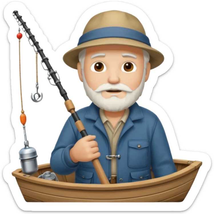 an old white haired, bearded man in fisherman attire, sat in a boat at sea, holding a fishing rod and catching fish with it. sticker