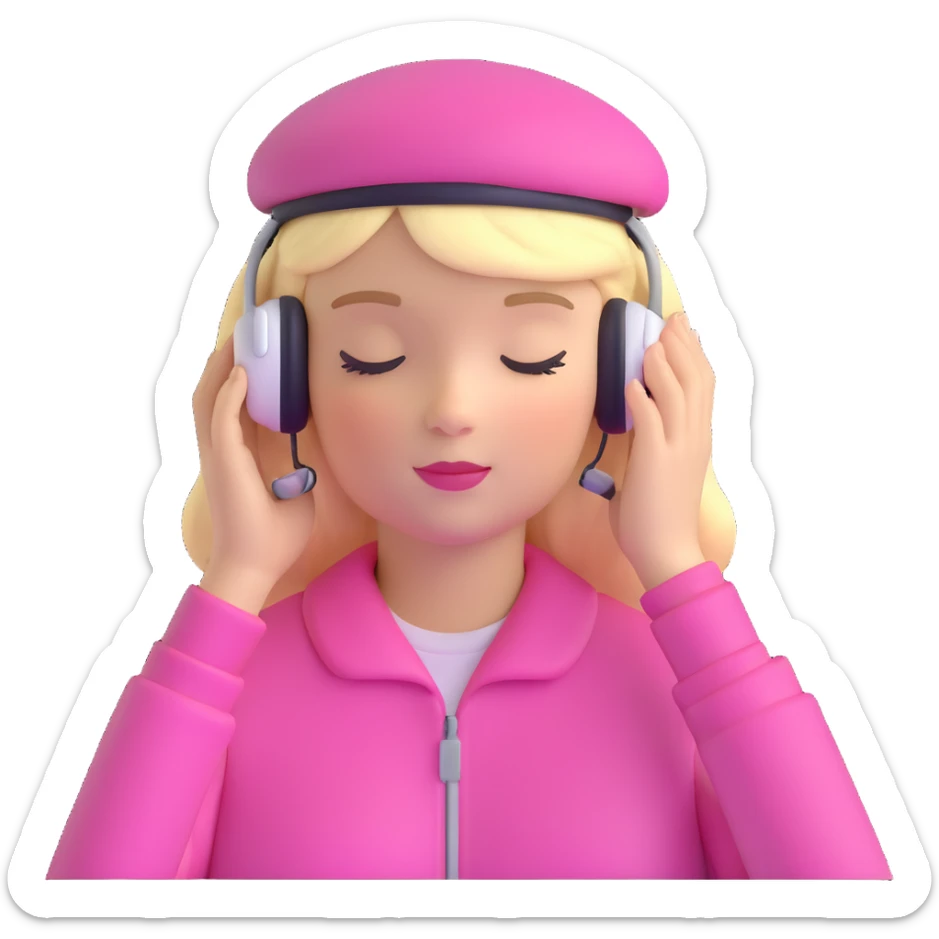 blonde American girl wearing a pink beret and AirPods Max headphones, listening to music with closed eyes sticker