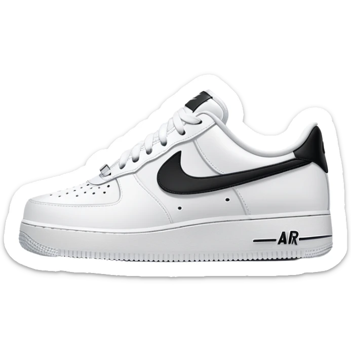 A pair of white Nike Air Force 1 sneakers side by side with Nike swoosh sticker