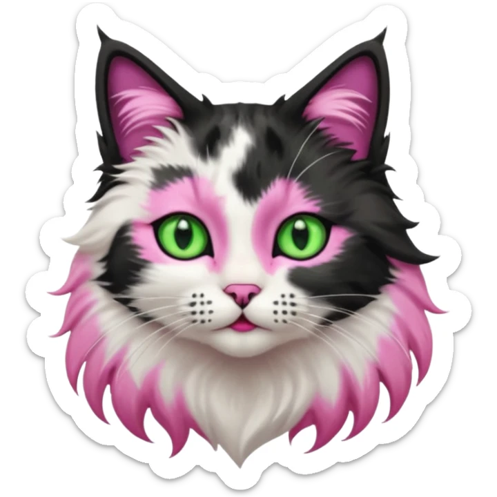 black and white long hair cat. green eyes. black nose and pink lips. black splotch in the shape of a star near nose (on the right side) sticker
