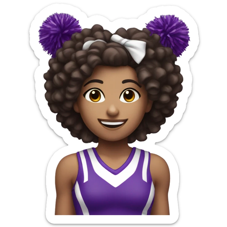 White-skin cheerleader with dark brown curly hair, cheering with two purple Pom poms sticker