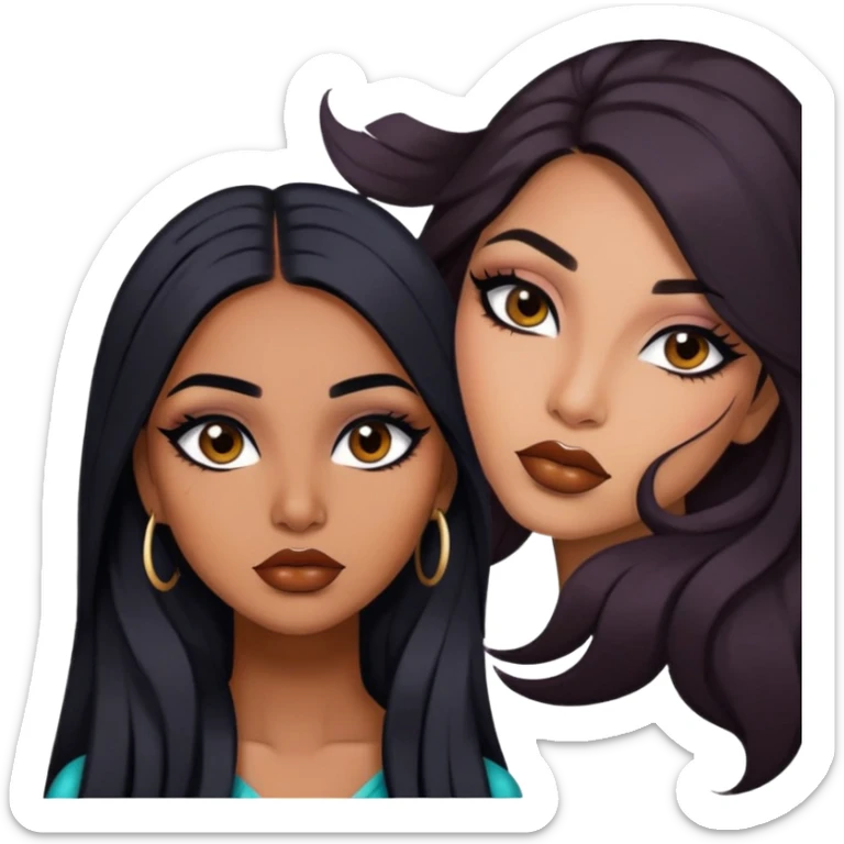 indian girl, brown skin, long black hair, brown underneath colored hair, baddie,pretty, makeup, lipliner, black eyeliner, sticker