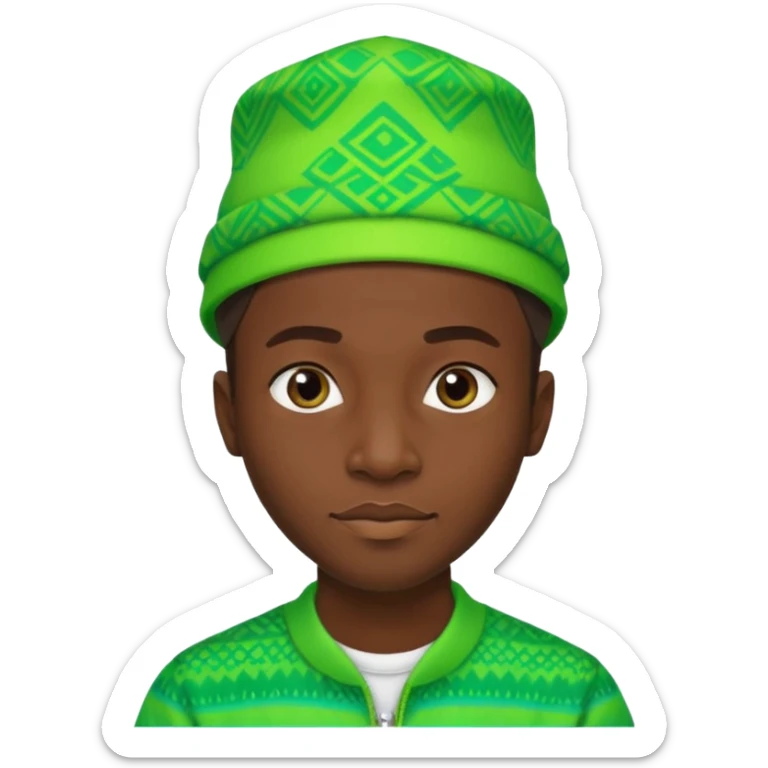 Create me an emoji of a cool Young Nigerian prince wearing a neon green gradient African patterns with "hula hat" (a Nigerian-inspired hat).  sticker