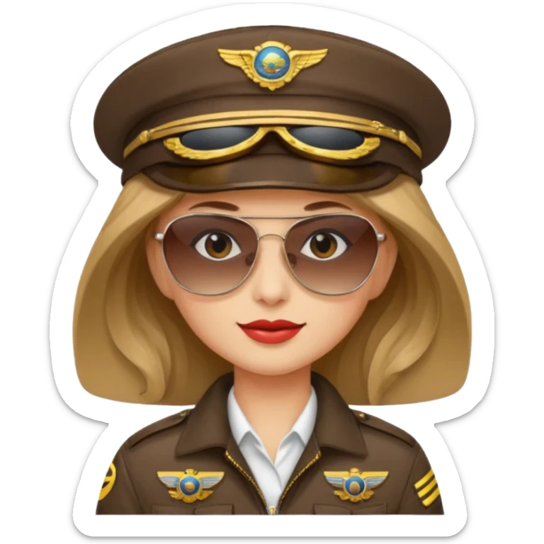 pilote d'avion femme cheveux brun clair avec sunglasses et chapeau de pilote sticker