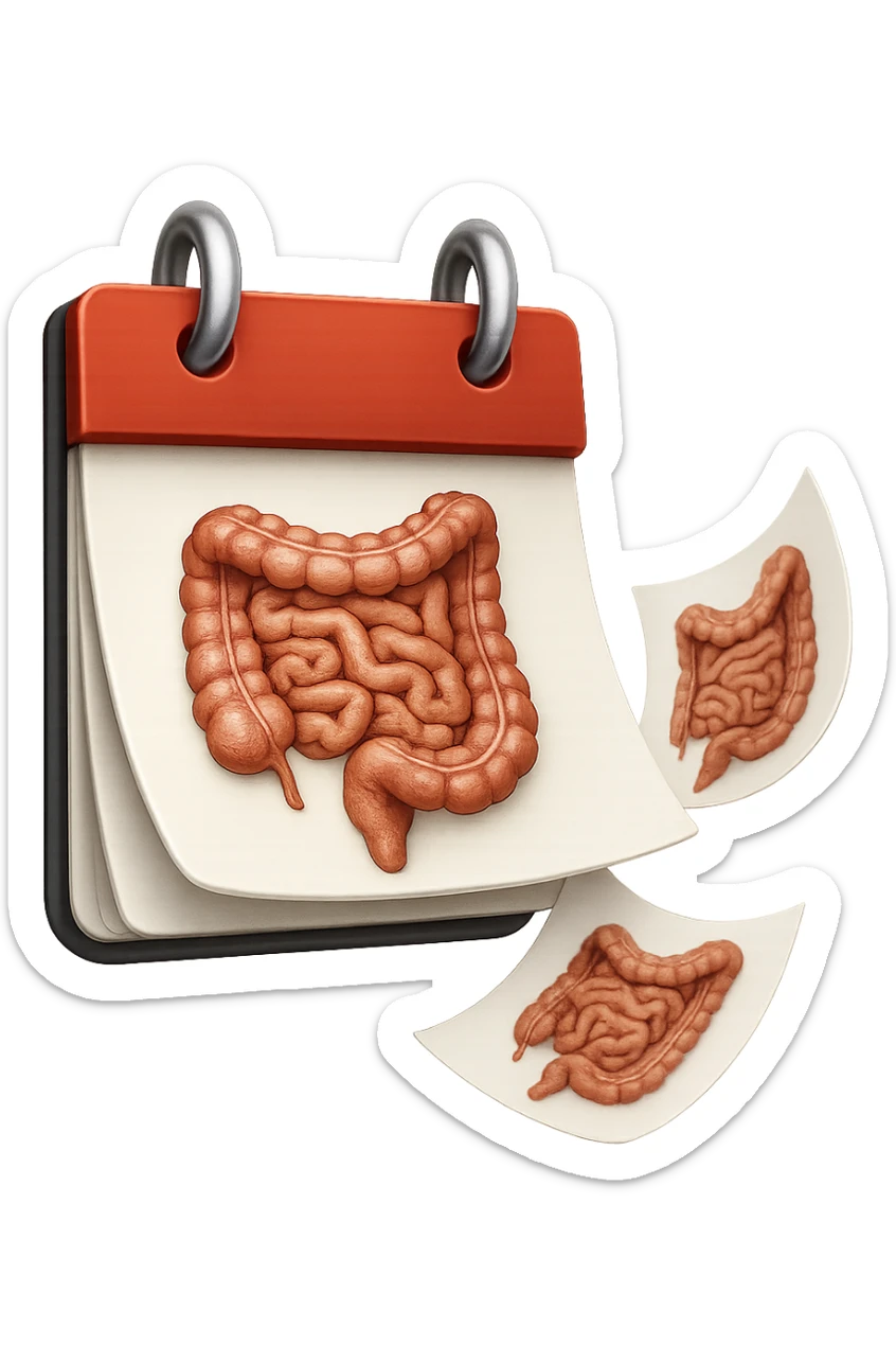 emoji stile iphone di un calendario con fogli che volano insieme, sui fogli ci sono disegnati degli intestini anatomici, iperrealistico 4k, isolato su sfondo bianco sticker